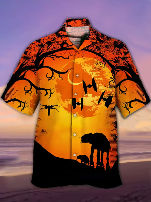 Halloween Across the Galaxy" Cuban Collar Short Sleeve Pocket Shirt
