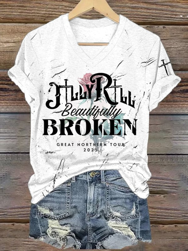 Jelly Roll Beautifully Broken Tour Music Print V-Neck T-Shirt