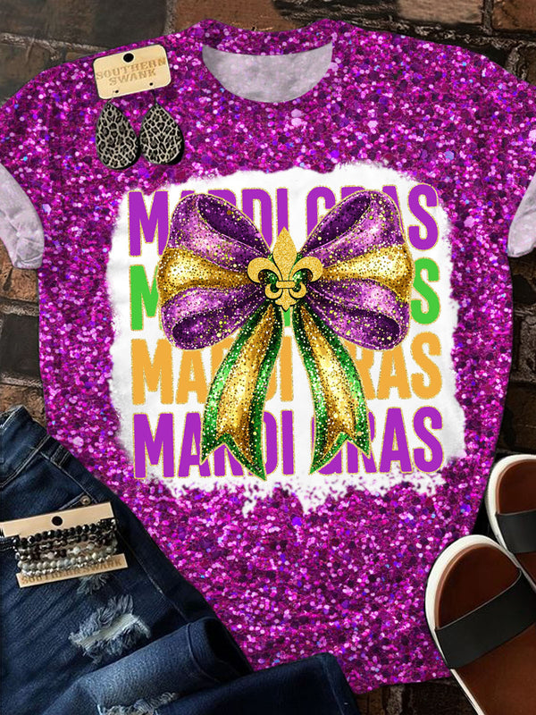 Glitter Mardi Gras Coquette Bow Crew Neck Printed T-Shirt