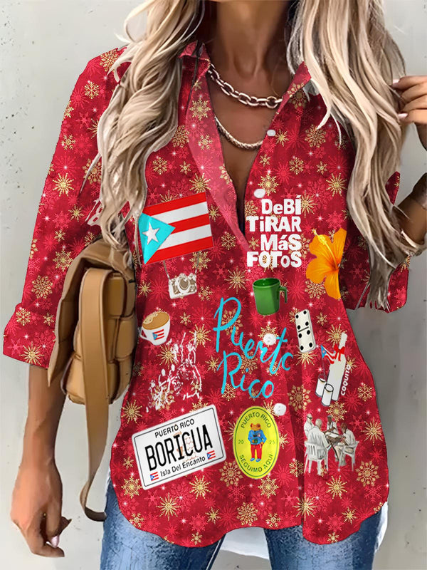 Women's Puerto Rican Christmas Print Casual Shirt