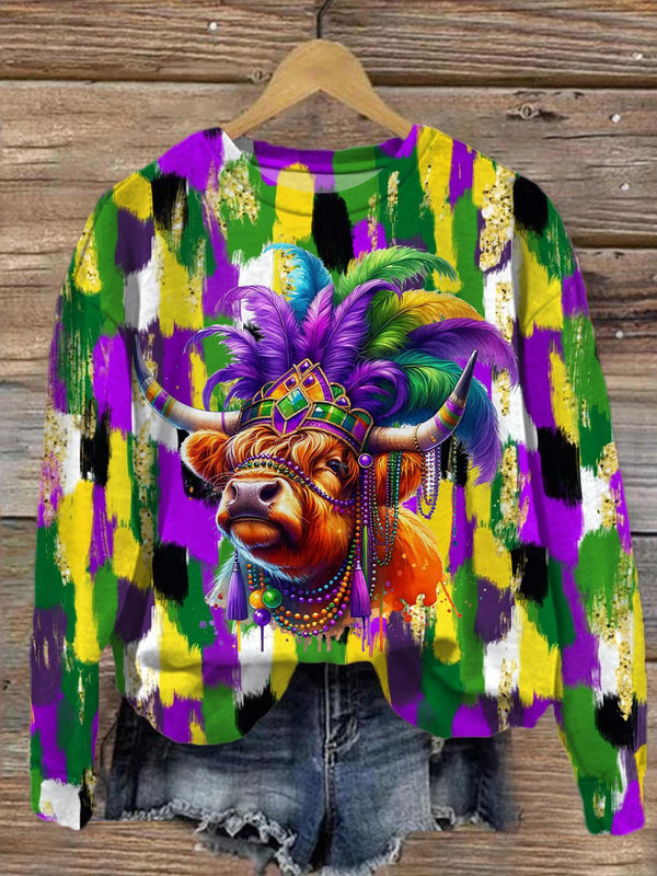 Mardi Gras Highland Cow Printed Long Sleeve Casual Top