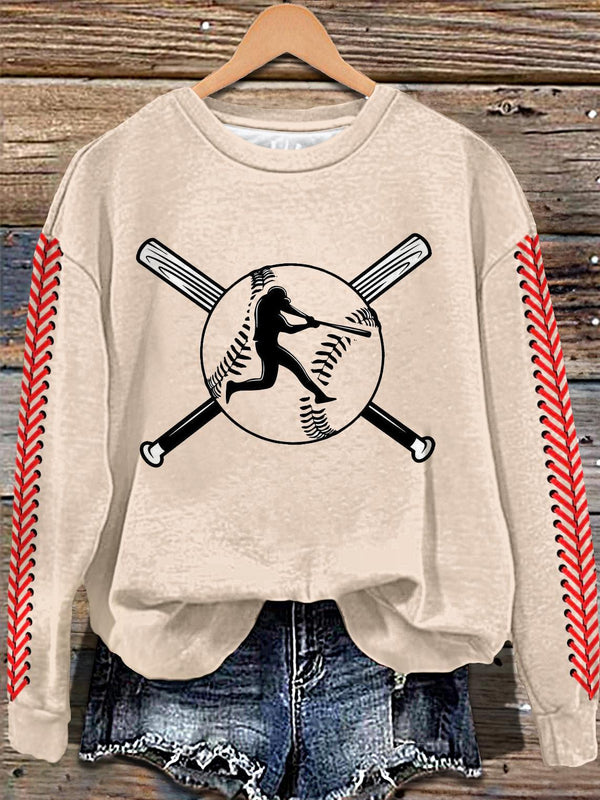 Camiseta casual de manga larga con estampado simple de béisbol retro 