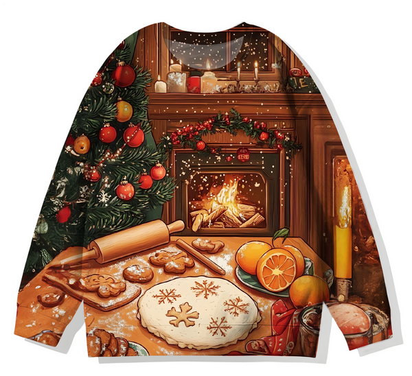 Vintage Winter Christmas Fireplace Printed Long Sleeve Casual Top