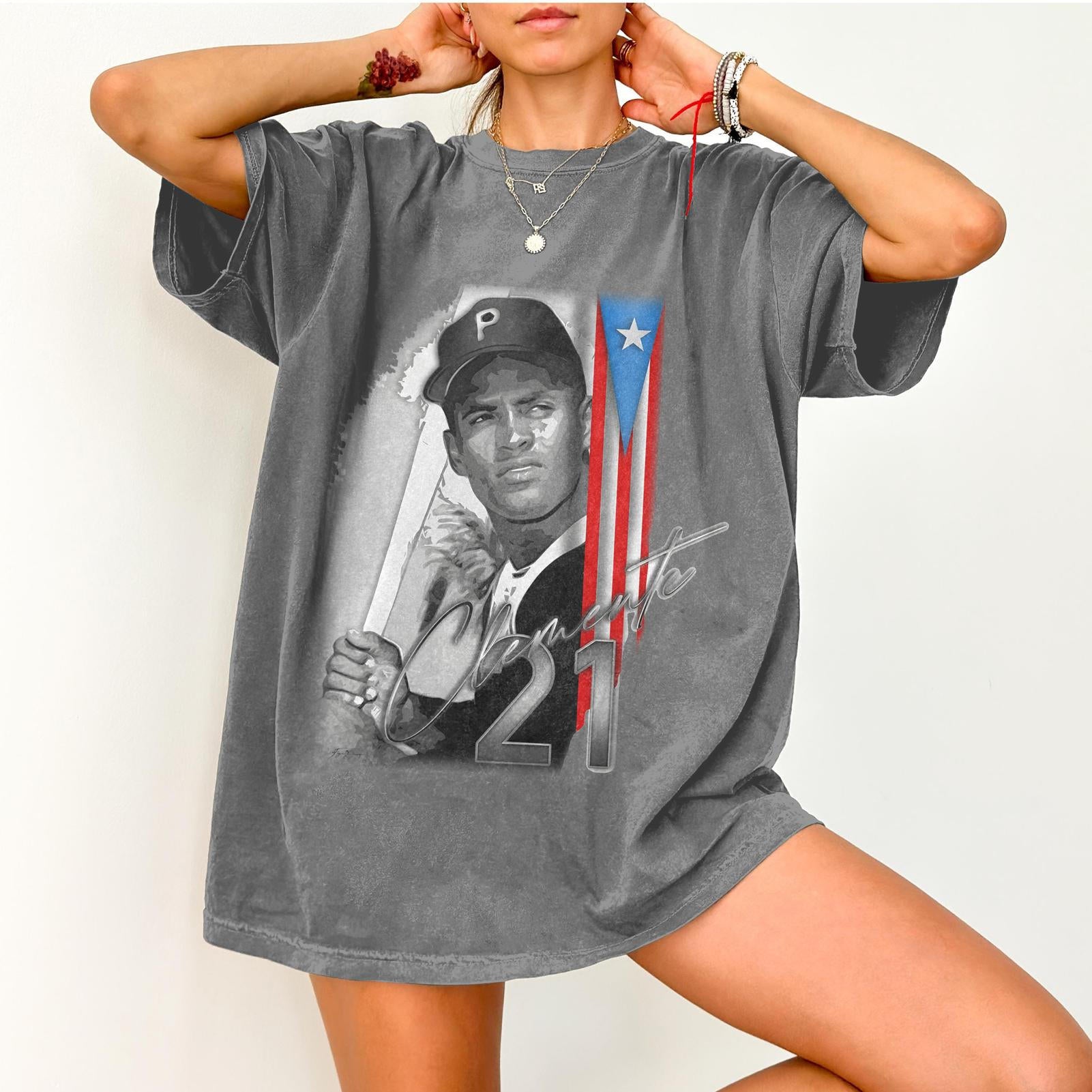 Roberto Clemente Puerto Rico Washed Cotton Crew Neck T-Shirt