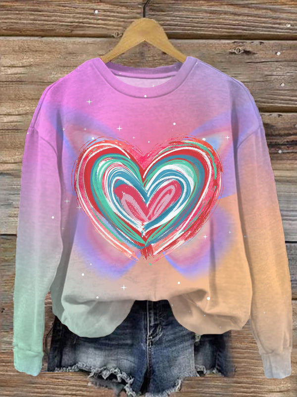 Brushstroke Heart Valentines Printed Long Sleeve Casual Top