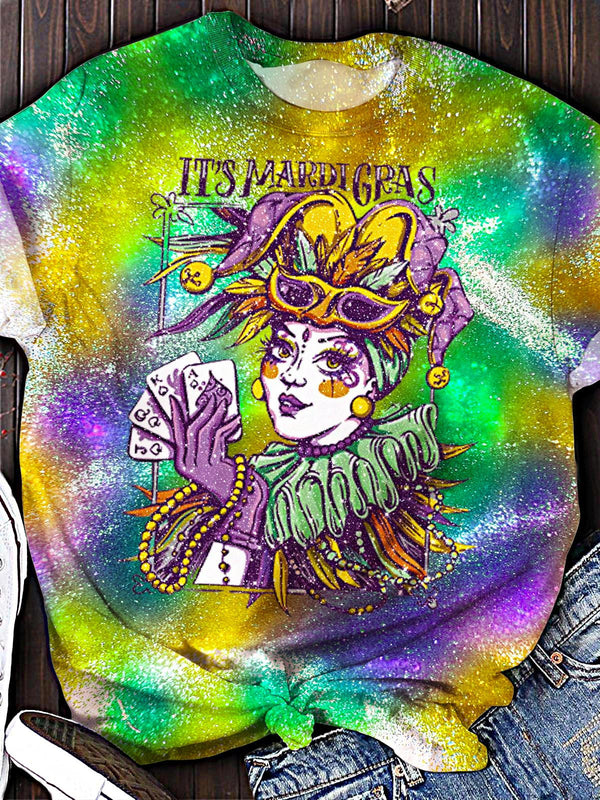 Women's Sequin Retro Carnival Mask Print Crew Neck T-shirt