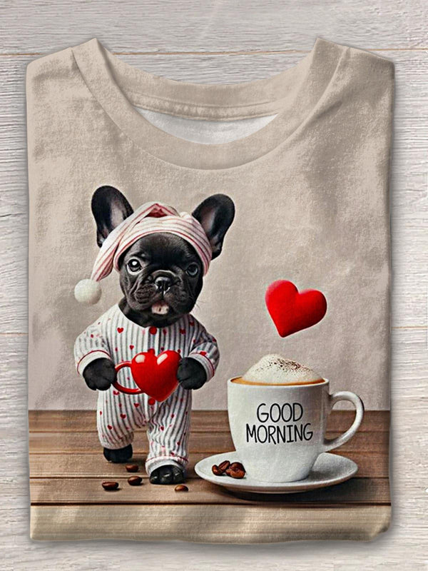 Valentine's Day Cute Puppy Love Print Crew Neck T-shirt