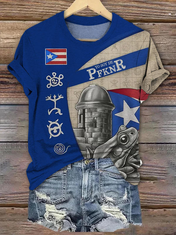 Women's Puerto Rico Flag Graphic Crew Neck Short Sleeve T-Shirt "Yo Soy De PFKNR" Tee