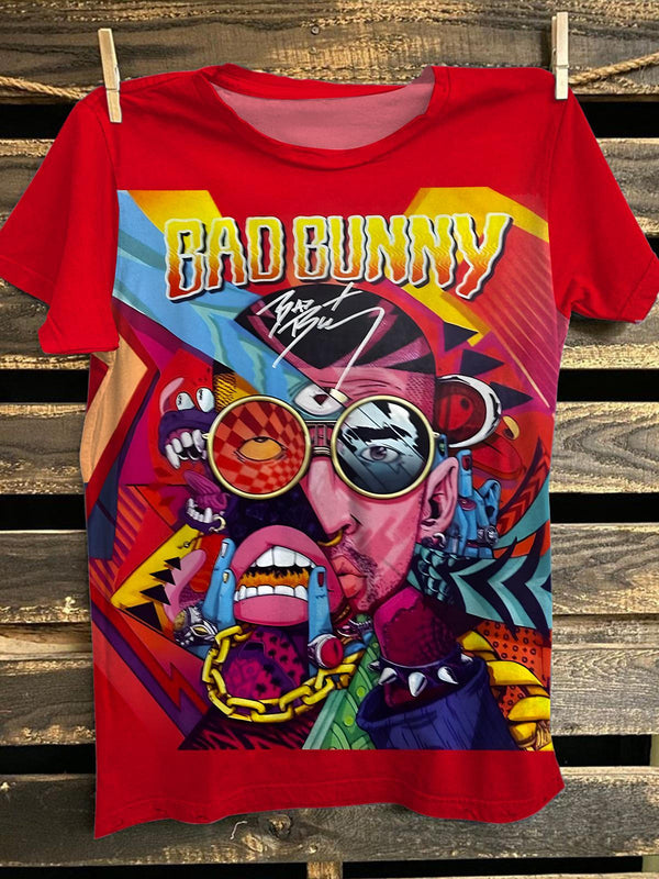 Red Bad Bunny Portrait Graphic Crew Neck Short Sleeve T-Shirt Trendy Women's Tee