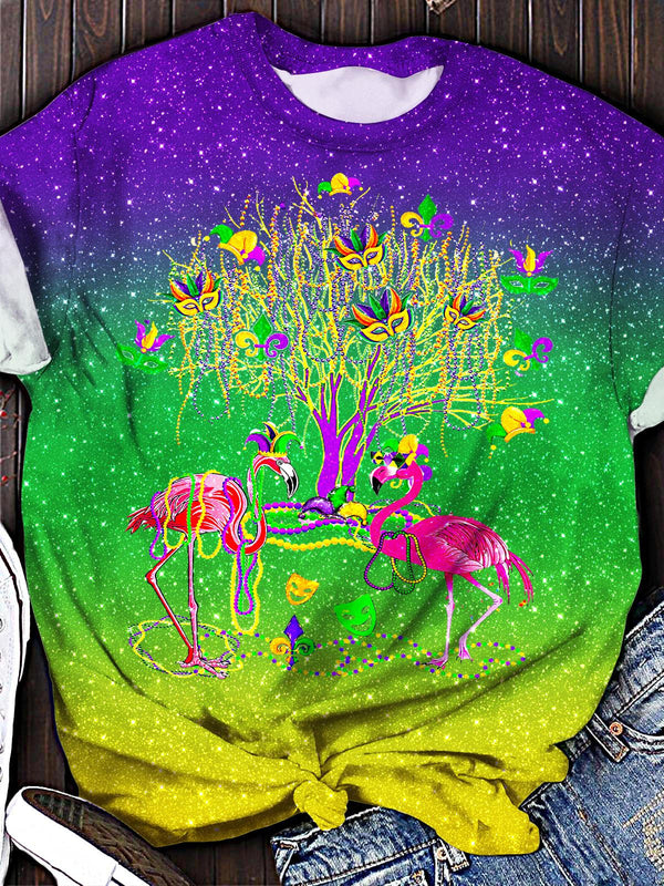 Retro Colorful Mardi Gras Flamingo Print Crew Neck T-shirt