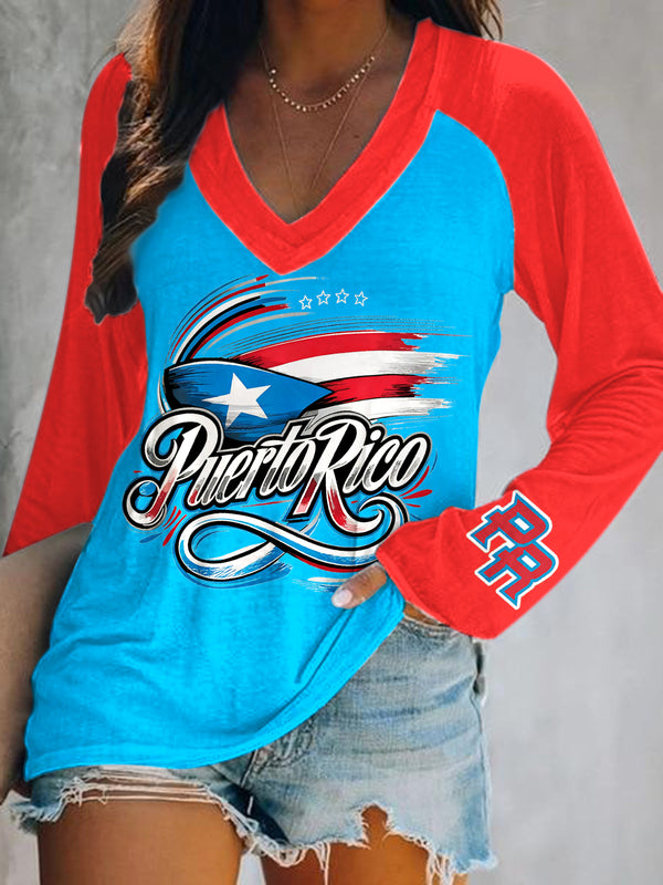 Puerto Rican Print V-Neck Long Sleeve Top