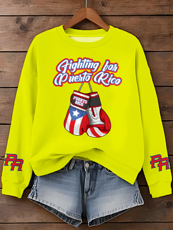 Fighting For Puerto Rico Printed Long Sleeve Casual Top