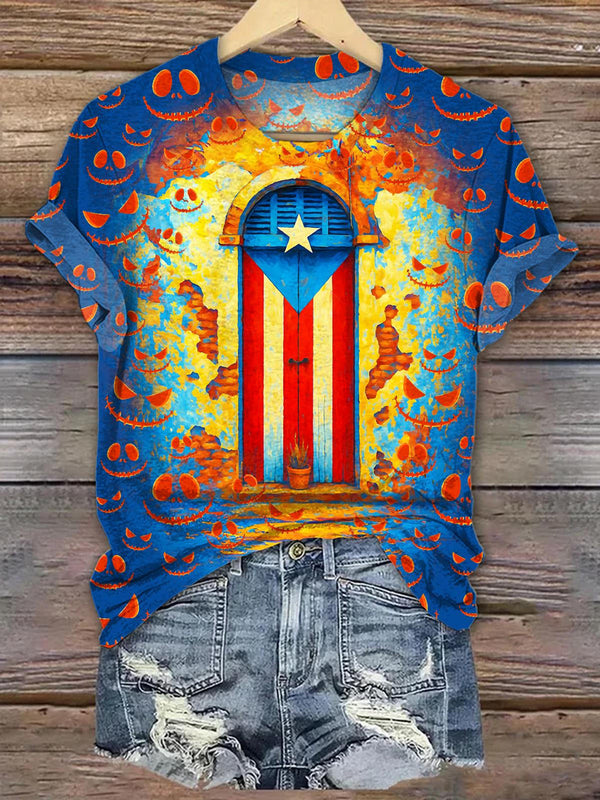 Halloween Puerto Rican Print Crew Neck T-shirt