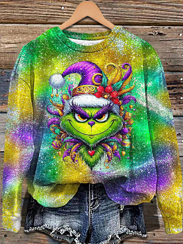 Women's Green Fur Colorful Carnival Print Long Sleeve Casual Top