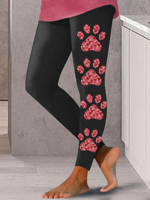 Pink Hearts Dog Paw Valentines Print Leggings