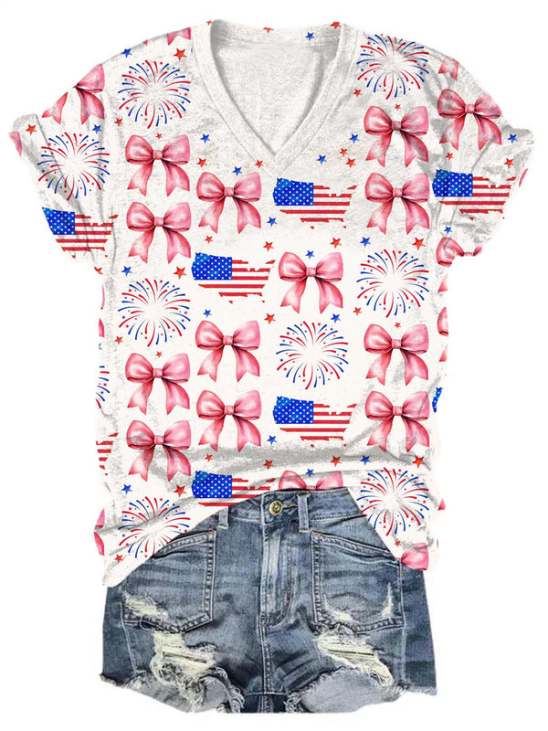 Pink Bow Tie USA Flag Firework Print V-Neck T-Shirt