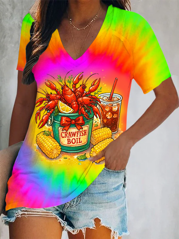 Crawfish Boil Funny Seafood Party Short Sleeve V Neck Print Top