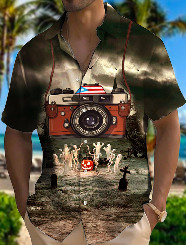 Men's Puerto Rican Halloween Print Pocket Short Sleeve Shirts