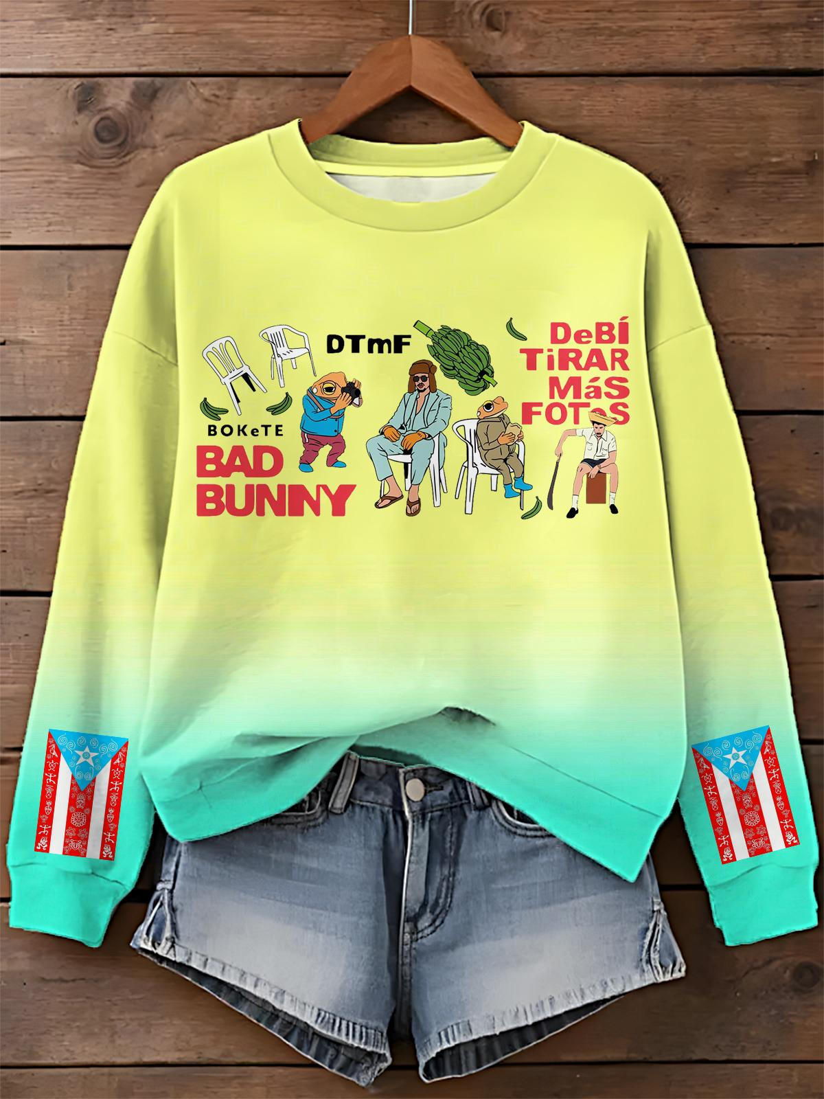 Camiseta casual de manga larga con estampado de Bad Bunny Dtmf Puerto Rico 