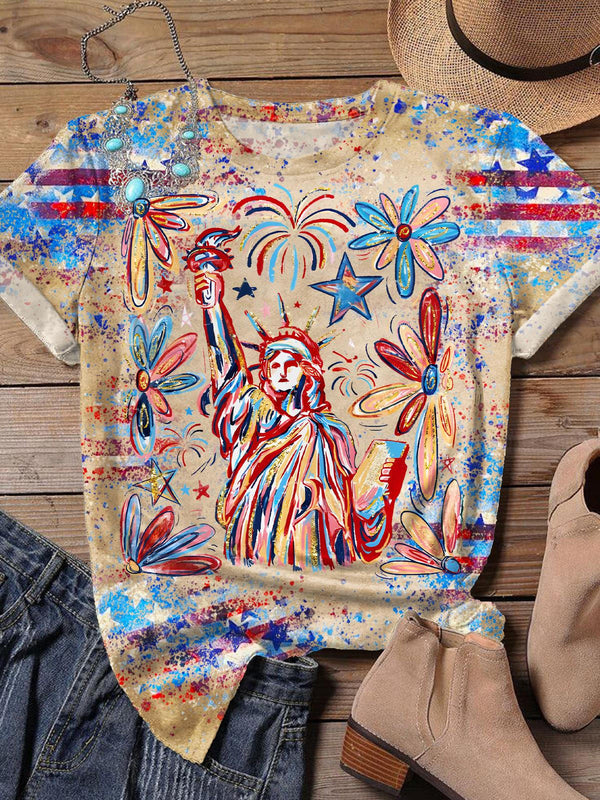 Camiseta de cuello redondo con estampado bohemio de la Estatua de la Libertad 