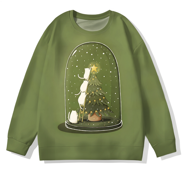 Vintage Funny Cat And Christmas Tree Printed Long Sleeve Casual Top