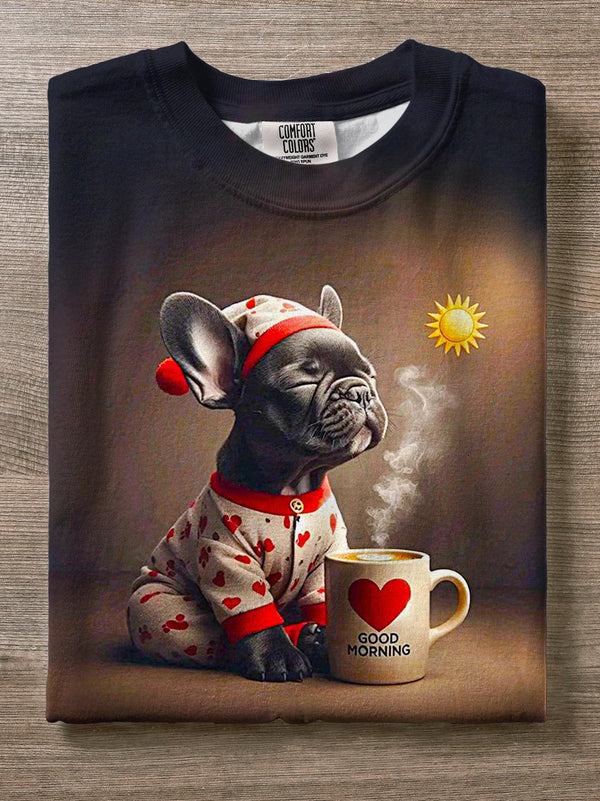 Valentine's Day Cute Puppy Love Coffee Print Crew Neck T-shirt