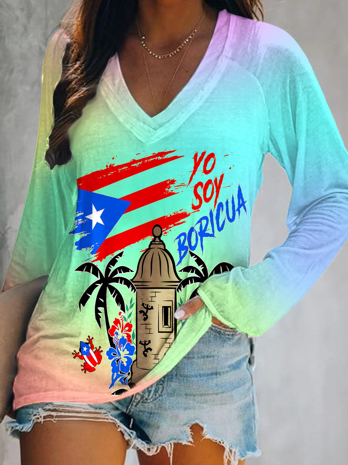 Puerto Rican Badbunny Print V-Neck Long Sleeve Top