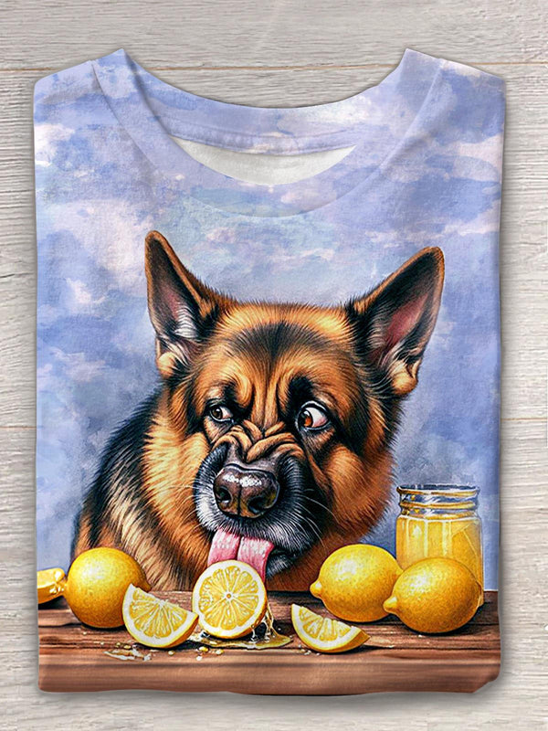 Cute German Shepherd Lemon Print Crew Neck T-shirt