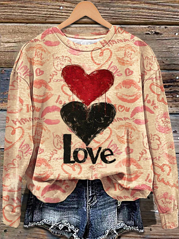 Retro Valentine's Day Love Print Long Sleeve Casual Top