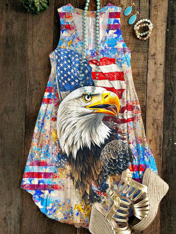 Vestido vintage con cuello en V, sin mangas y diseño de águila y bandera de estrellas 