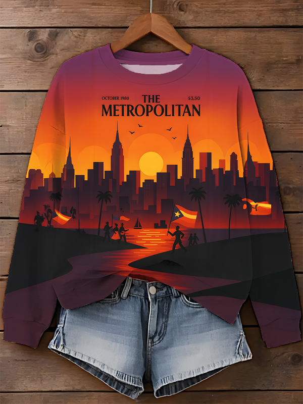 The Metropolitan - NYC Sunset 1980 Printed Long Sleeve Casual Top