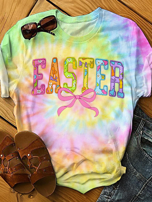 Tie Dye Faux Embroidery Easter Crew Neck T-shirt