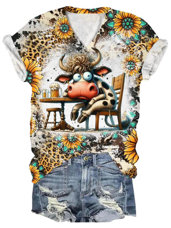 Women's Sunflower Gradient Cow Oktoberfest Floral Print T-shirt