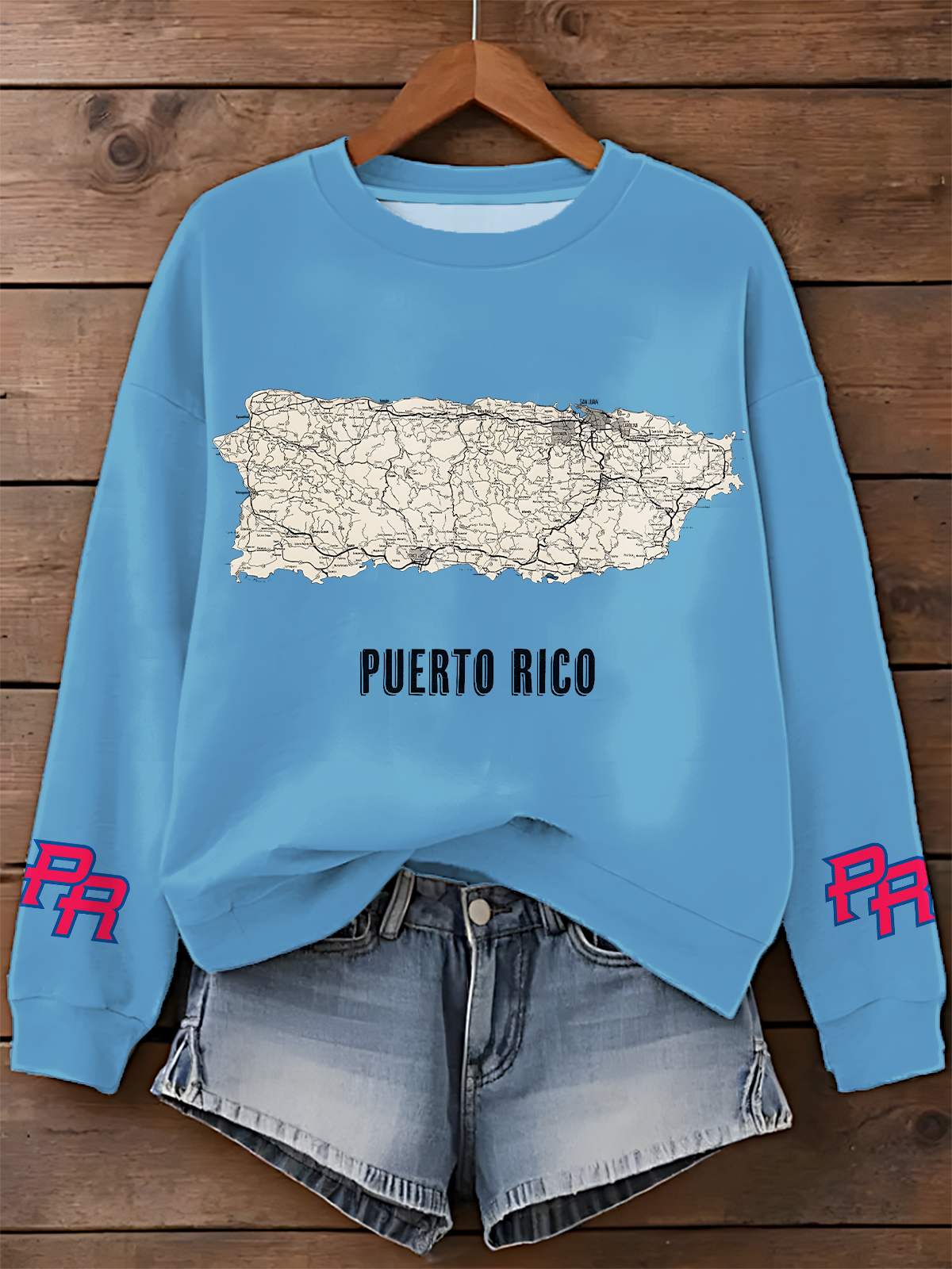 Puerto Rico Road Map Printed Long Sleeve Casual Top