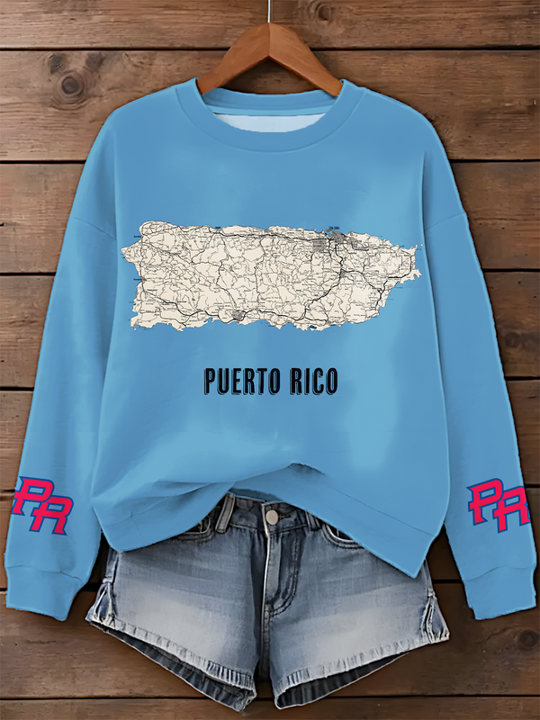 Puerto Rico Road Map Printed Long Sleeve Casual Top