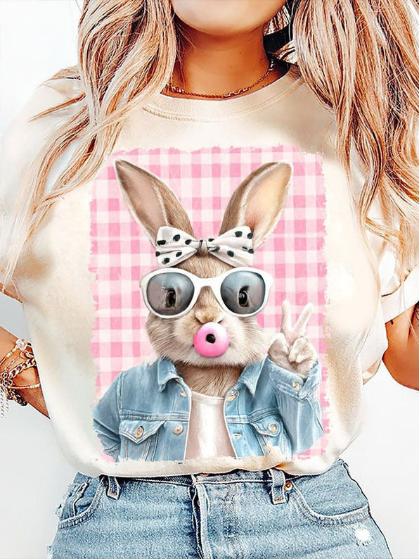 Retro Easter Bunny Blowing Bubble Crew Neck T-shirts