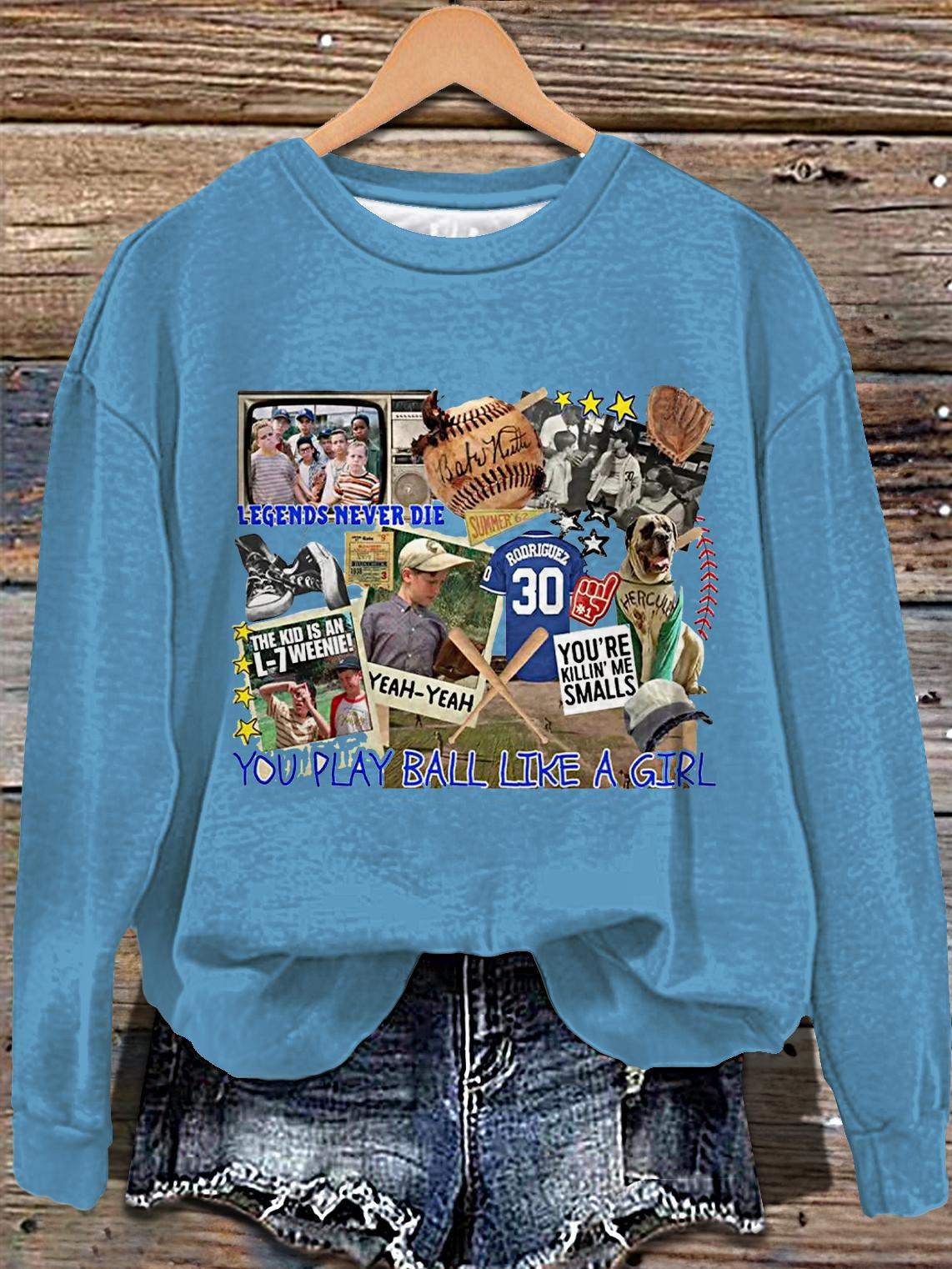 Retro 1990s Baseball Legends Never Die Printed Long Sleeve Casual Top