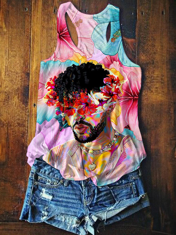 Badbunny Floral Print Casual Tank Top