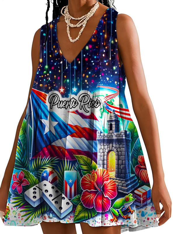 Puerto Rican Print V-neck Sleeveless Dress