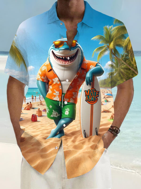 Camisas de manga corta con bolsillo para hombre con estampado de tiburón de playa hawaiano