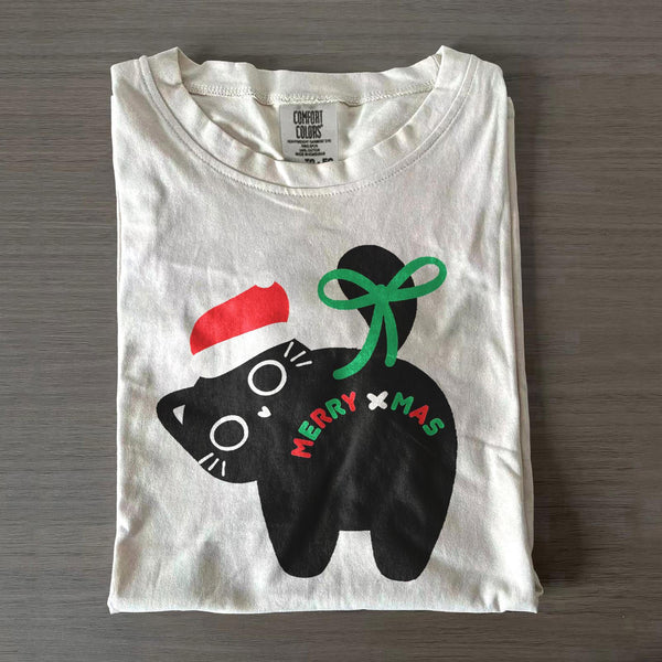 Christmas Cute Cat Crew Neck Cotton T-shirts
