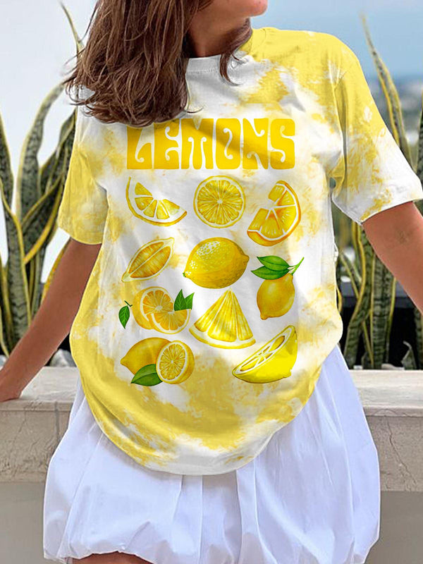 Camiseta de cuello redondo con estampado refrescante de limón de verano 