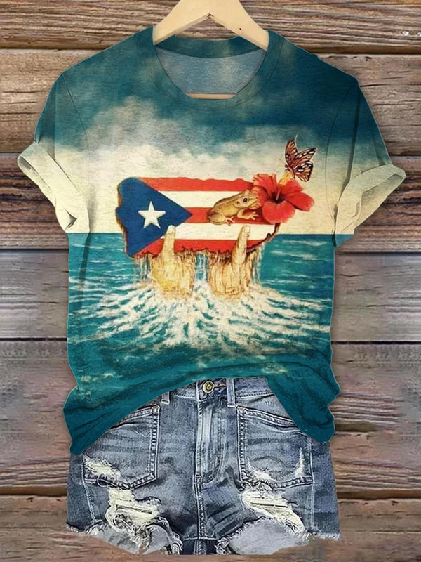 Puerto Rico Retro Oil Painting Crew Neck T-shirt