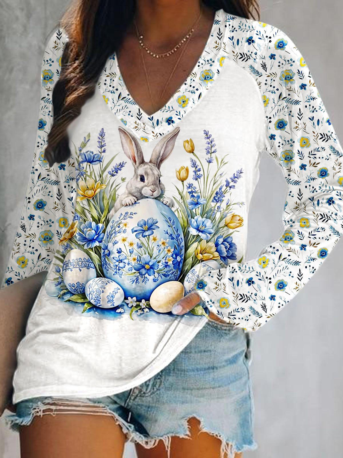 Easter Bunny Floral Print Print V-Neck Long Sleeve Top