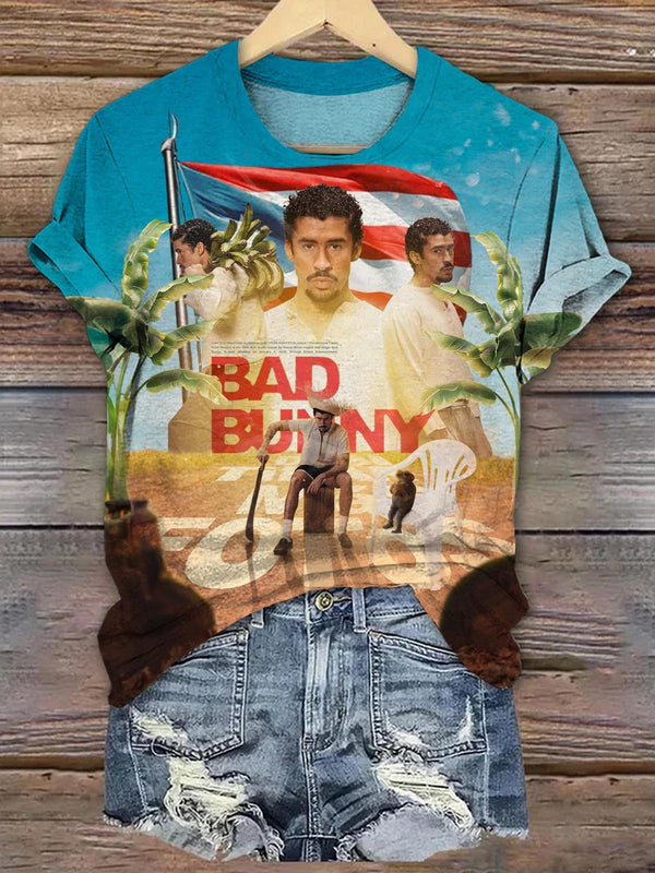 Bad Buny Blue Crew Neck T-shirt