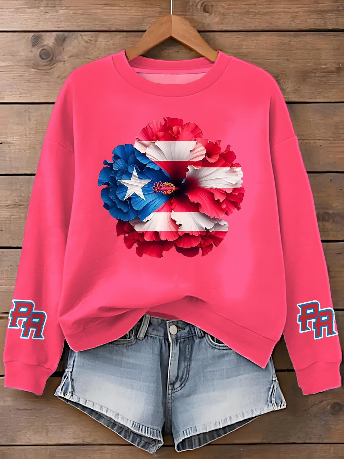 Puerto Rican Print Long Sleeve Casual Top