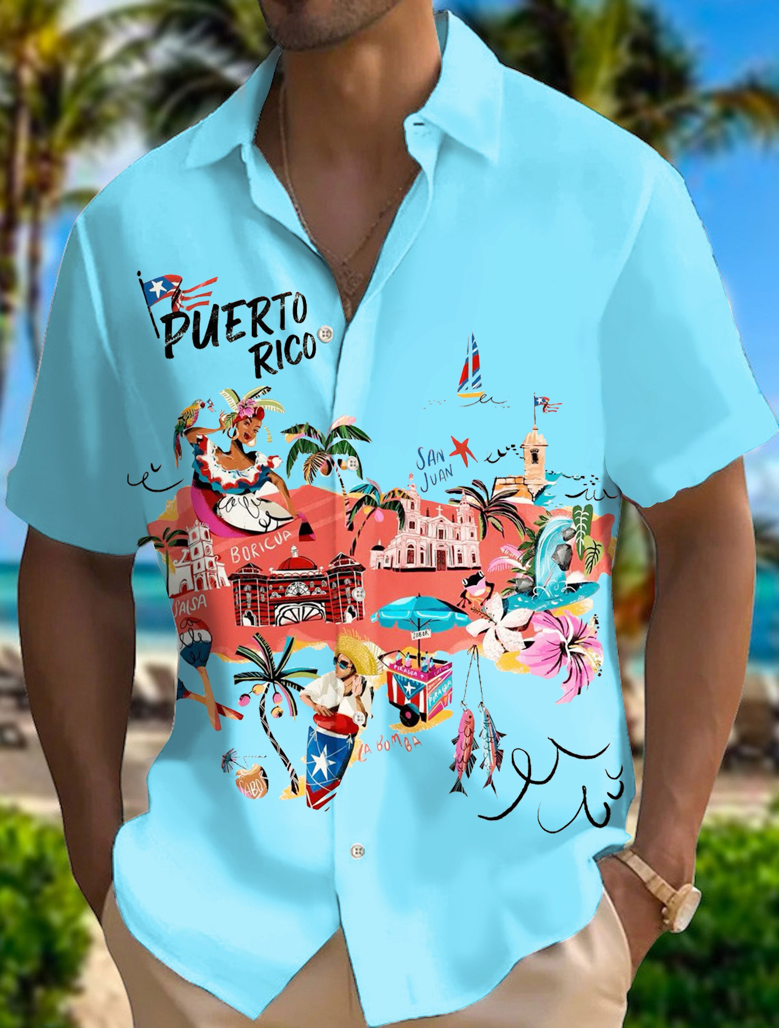Puerto Rico Fun Print Men's Pocket Short Sleeve Shirt (Best Seller)