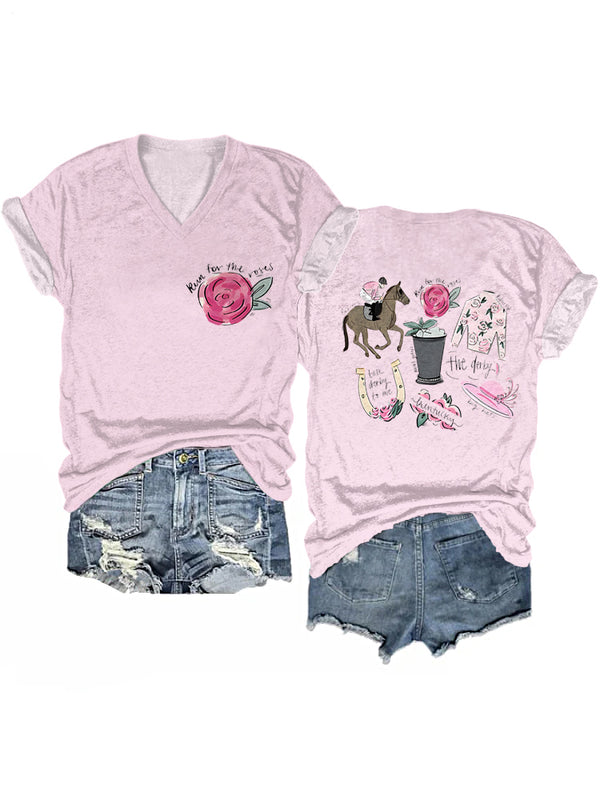 Horse Racing Print V-neck T-Shirt