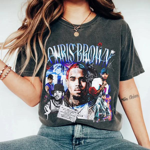 Camiseta de cuello redondo con estampado de moda de Chris Brown 