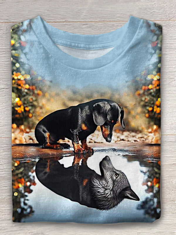 Cute Dachshund Gray Wolf Spirit Print Crew Neck T-shirt